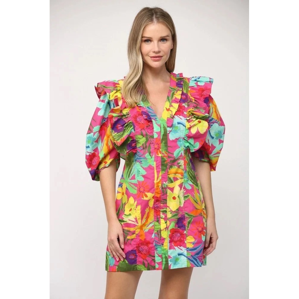 Fate Tropical Bright Floral Print Poplin Ruffle Puff Sleeve Dress Vacation Small